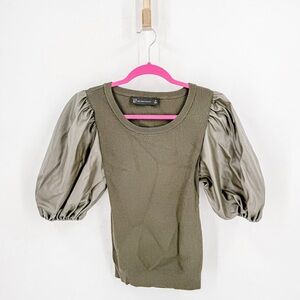 New York & Company Olive Faux Leather Puff Sleeve Blouse